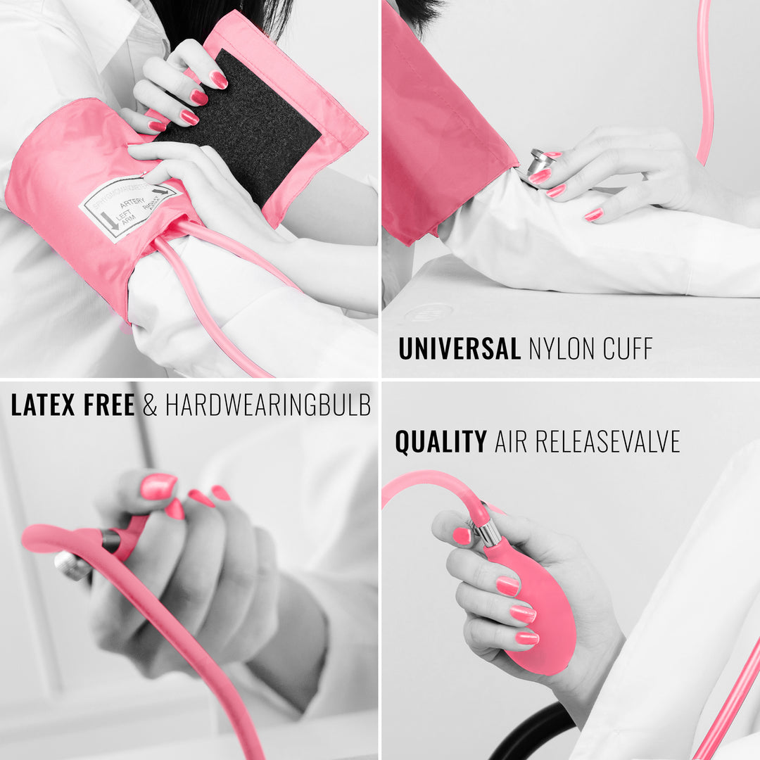 Collage of four black and white photos with frosted pink highlights demonstrating how to use the blood pressure cuff, bulb, and valve.