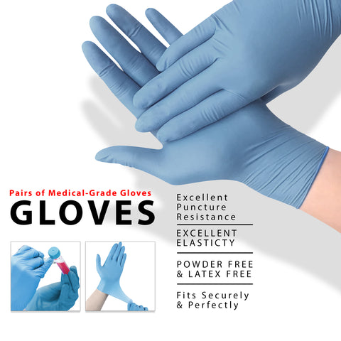 An informational graphic about blue medical-grade gloves. The main image shows gloved hands, while text to the right lists features such as "Excellent Puncture Resistance," "Excellent Elasticity," "Powder Free & Latex Free," and "Fits Securely & Perfectly."