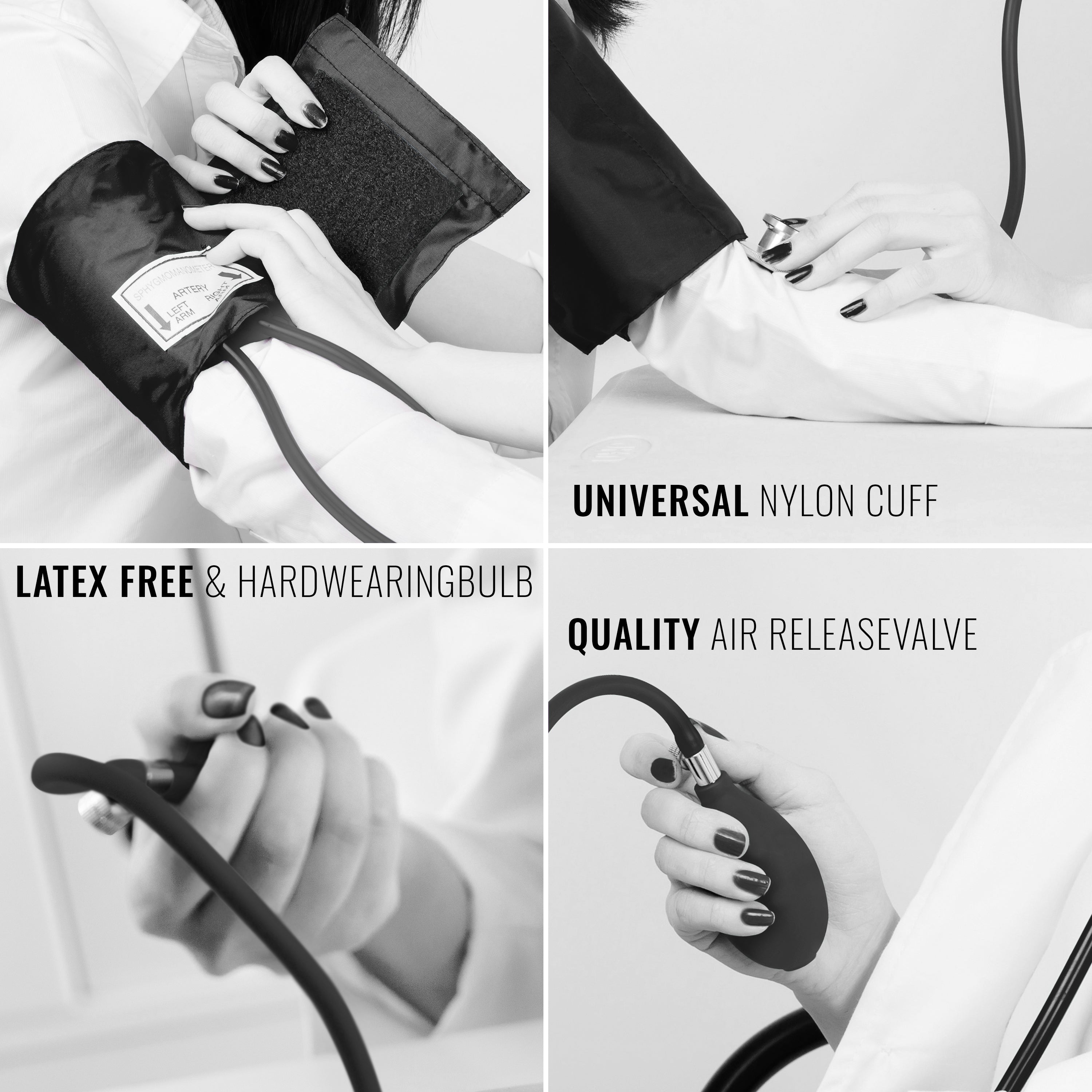 Collage of four black and white photos with black highlights demonstrating how to use the blood pressure cuff, bulb, and valve.