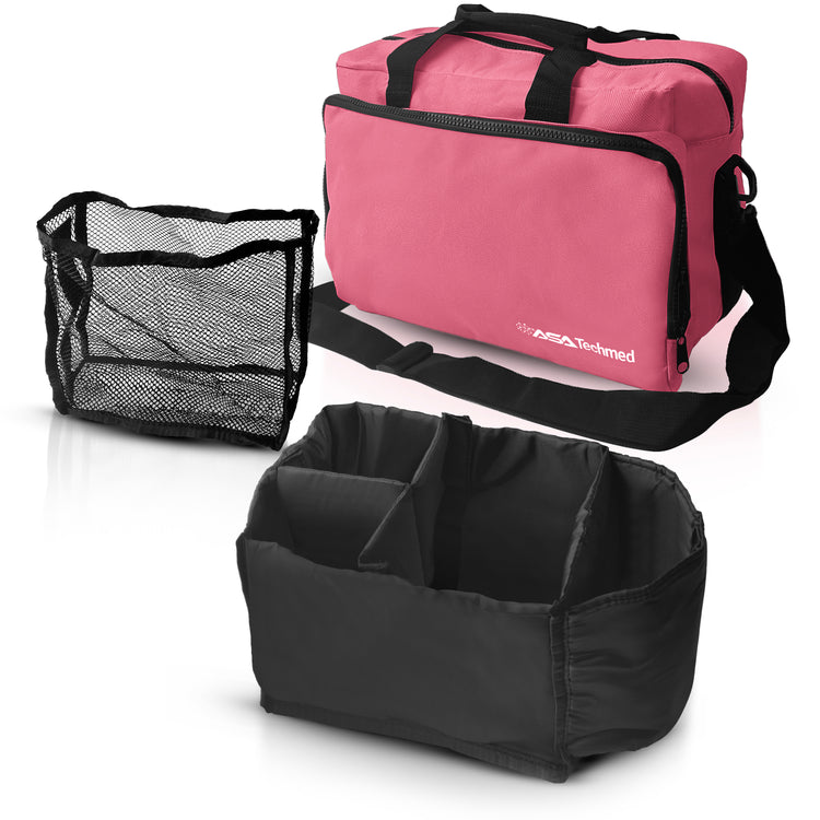 A top-down view into an open pink first aid bag, revealing the empty black interior lining and the layout of the main storage compartment.