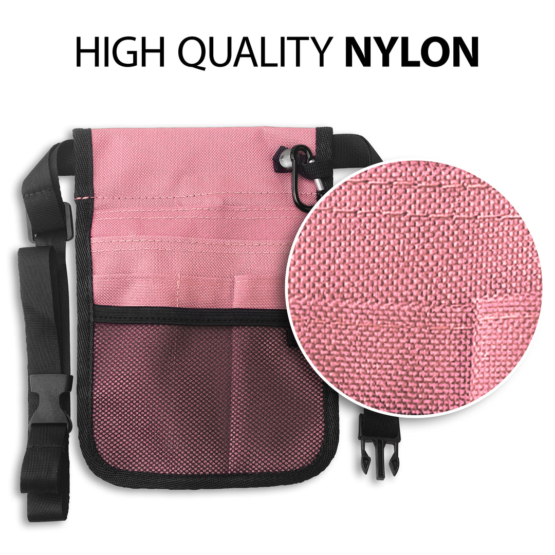 An infographic highlighting the material quality. The pink bag is shown with a large circular magnifying glass effect over the fabric, revealing a tight, durable weave. Text at the top reads "HIGH QUALITY NYLON."