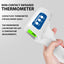 Non-contact infrared thermometer held by a hand with product details on a gray background