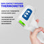 Non-contact infrared thermometer held by a hand with product details on a gray background