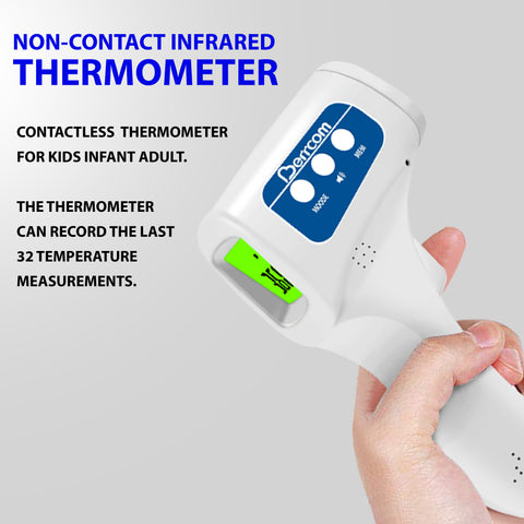 Non-contact infrared thermometer held by a hand with product details on a gray background