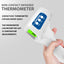 Non-contact infrared thermometer held by a hand with product details on a gray background