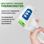 Non-contact infrared thermometer held by a hand with product details on a gray background