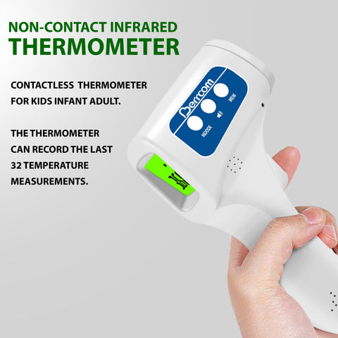 Non-contact infrared thermometer held by a hand with product details on a gray background