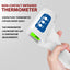 Non-contact infrared thermometer held by a hand with product details on a gray background