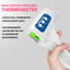 Non-contact infrared thermometer held by a hand with product details on a gray background