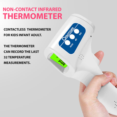 Non-contact infrared thermometer held by a hand with product details on a gray background