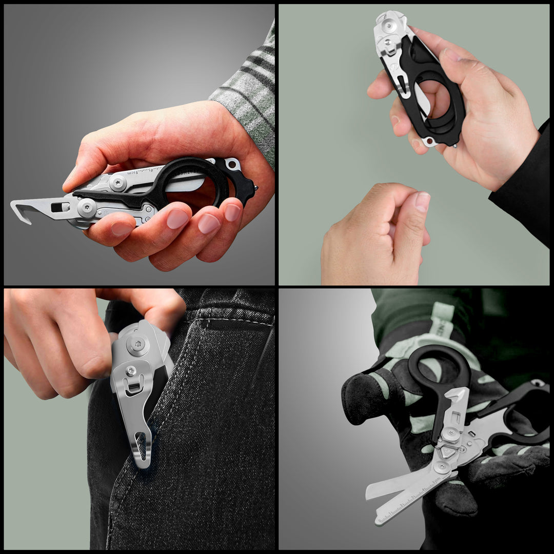 Lifestyle images showing shears held open, folded, and clipped to a pocket.