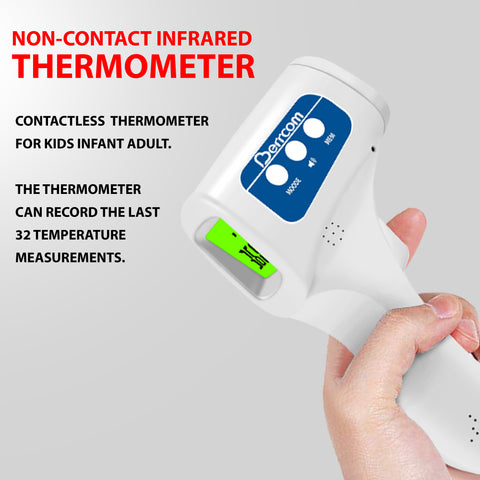 Non-contact infrared thermometer held by a hand with product details on a gray background