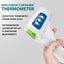 Non-contact infrared thermometer held by a hand with product details on a gray background