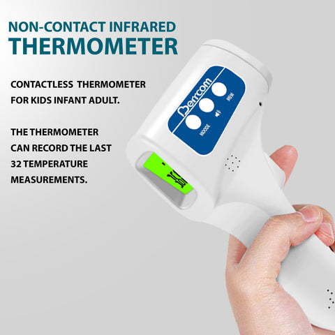 Non-contact infrared thermometer held by a hand with product details on a gray background