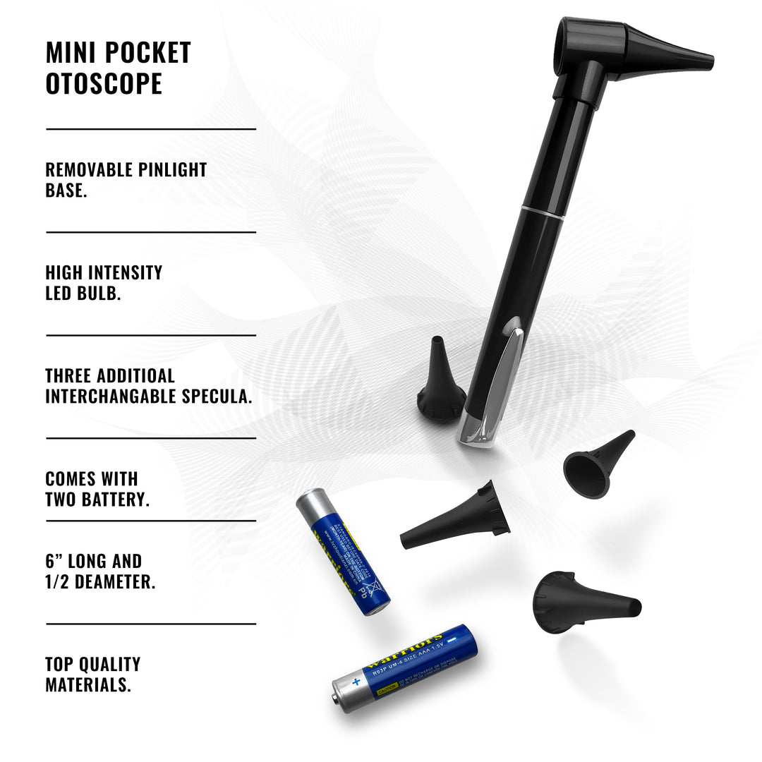 A black mini pocket otoscope displayed with three interchangeable specula and batteries, featuring a high-intensity LED bulb for clear ear examinations.