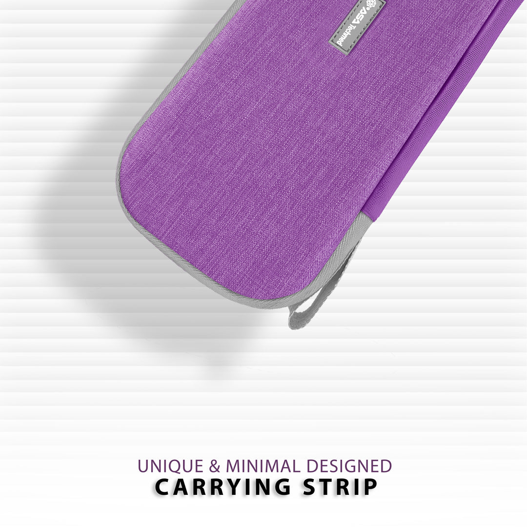 A close-up graphic of the corner of the purple hard-shell case with gray trim, focusing on the "unique and minimal designed carrying strip" attached to the zipper area.