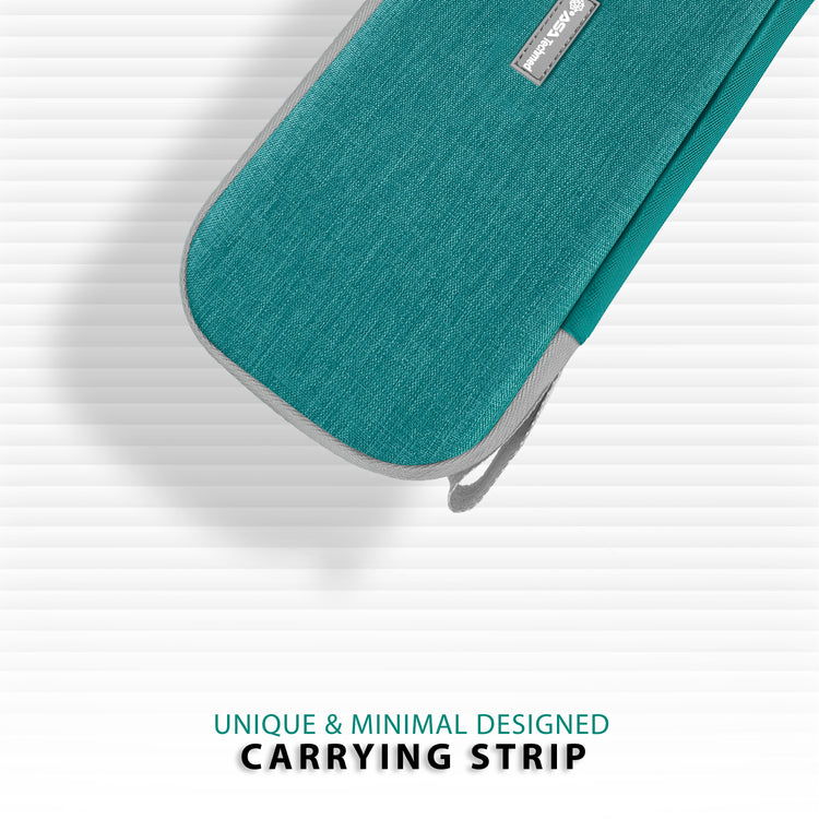 A close-up graphic of the corner of the teal hard-shell case with gray trim, focusing on the "unique and minimal designed carrying strip" attached to the zipper area.