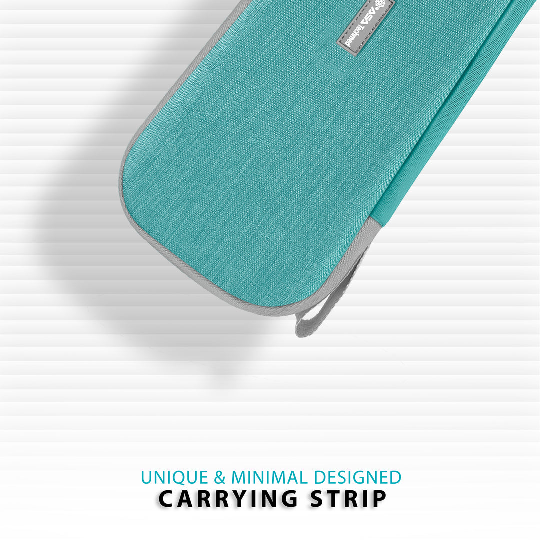 A close-up graphic of the corner of the turquoise hard-shell case with gray trim, focusing on the "unique and minimal designed carrying strip" attached to the zipper area.