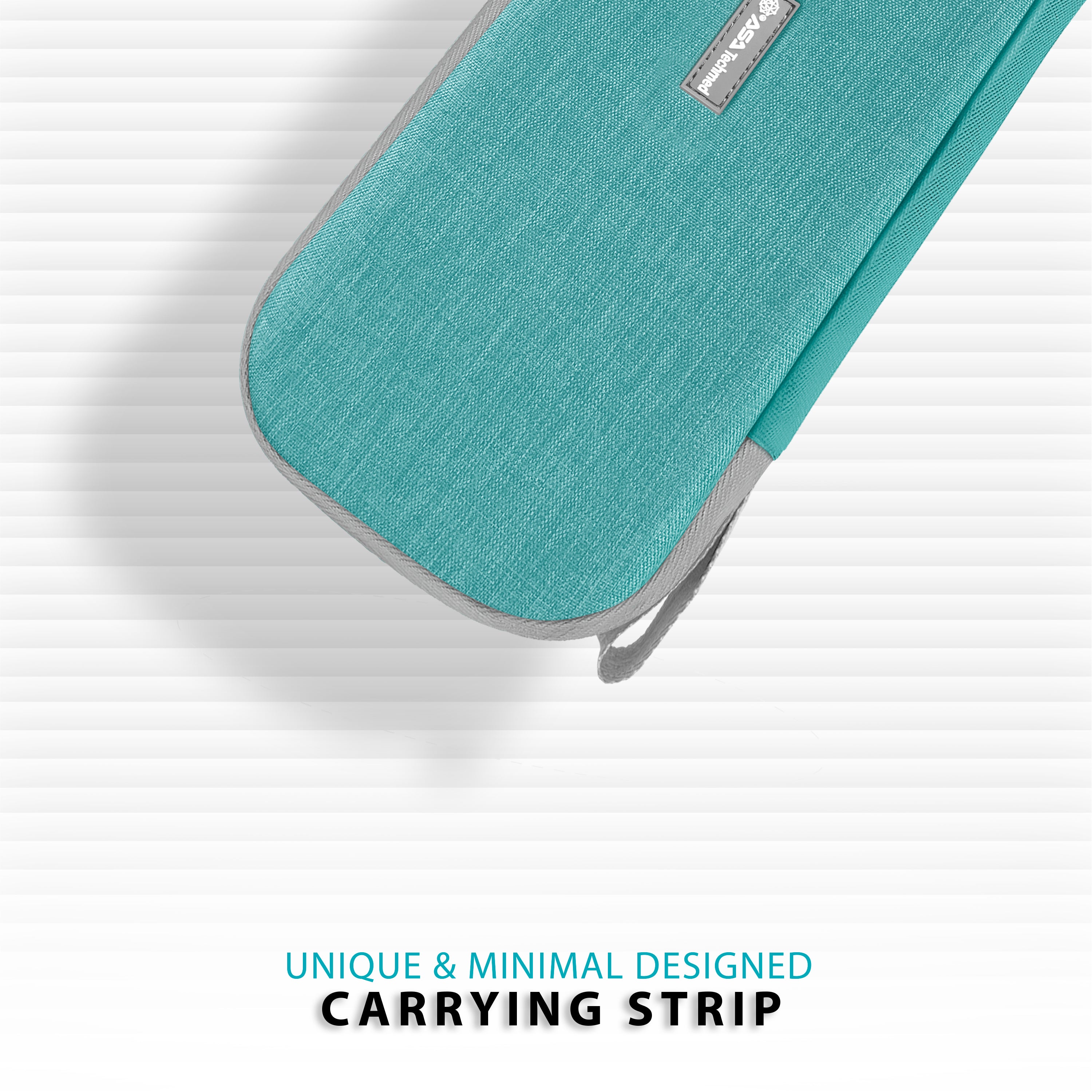 A close-up graphic of the corner of the turquoise hard-shell case with gray trim, focusing on the "unique and minimal designed carrying strip" attached to the zipper area.