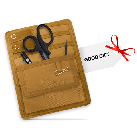 Yellow tool pouch with scissors, pliers, and a clip, accompanied by a 'Good Gift' tag.