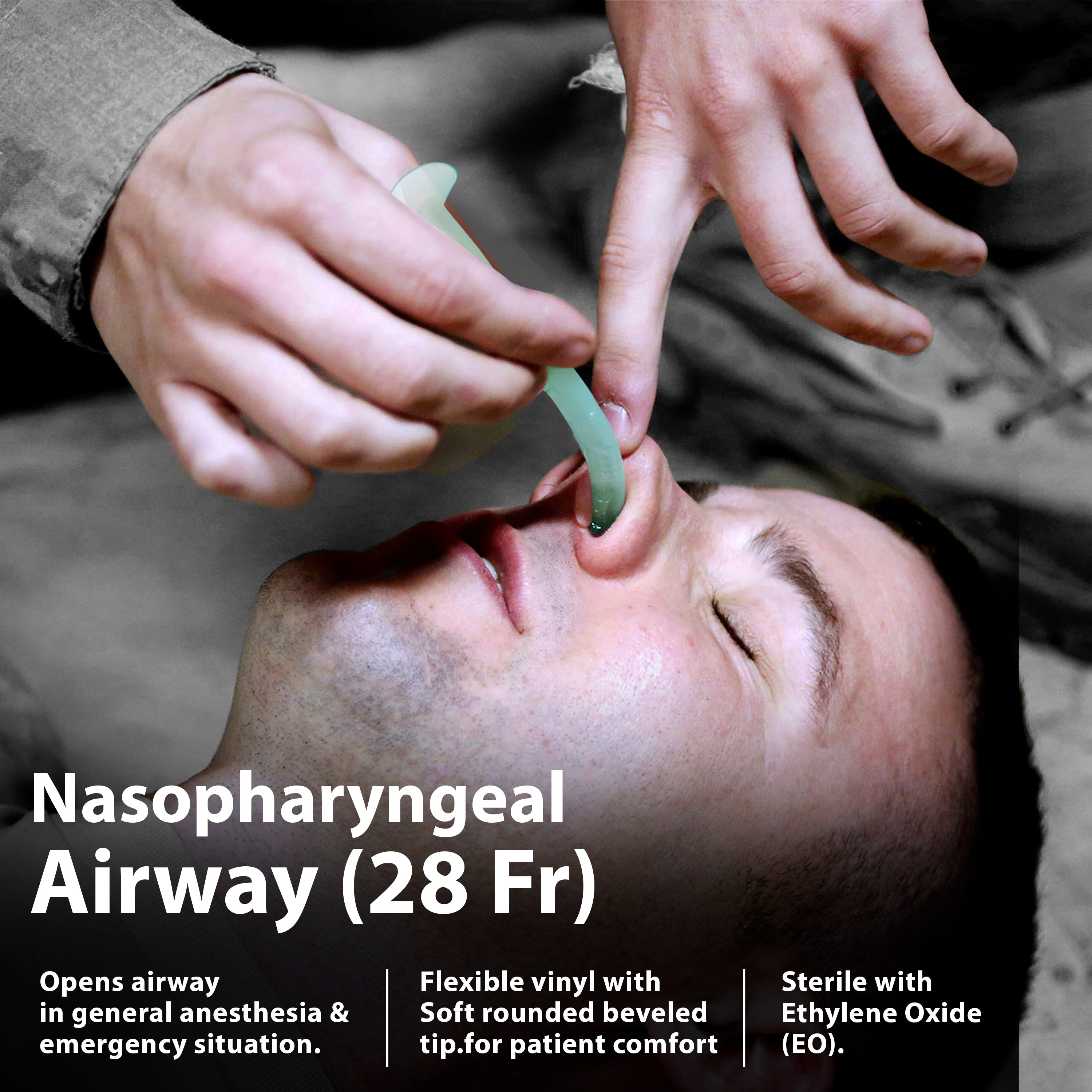 A close-up educational image titled "Nasopharyngeal Airway (28 Fr)" showing a gloved hand inserting a green tube into a patient's nostril. Text descriptions highlight its use for opening airways in emergency situations and note that it is made of "Flexible vinyl with Soft rounded beveled tip" and is sterile.