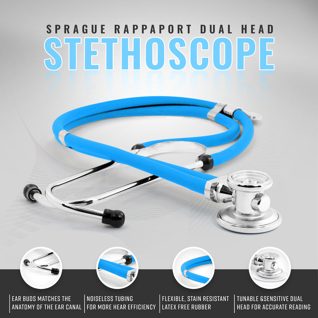 Sea breeze Sprague Rappaport Dual Head Stethoscope displayed with icons for ear buds, noiseless tubing, latex-free rubber, and tunable head.
