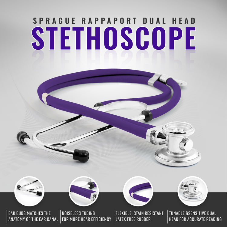 Purple Sprague Rappaport Dual Head Stethoscope displayed with icons for ear buds, noiseless tubing, latex-free rubber, and tunable head.