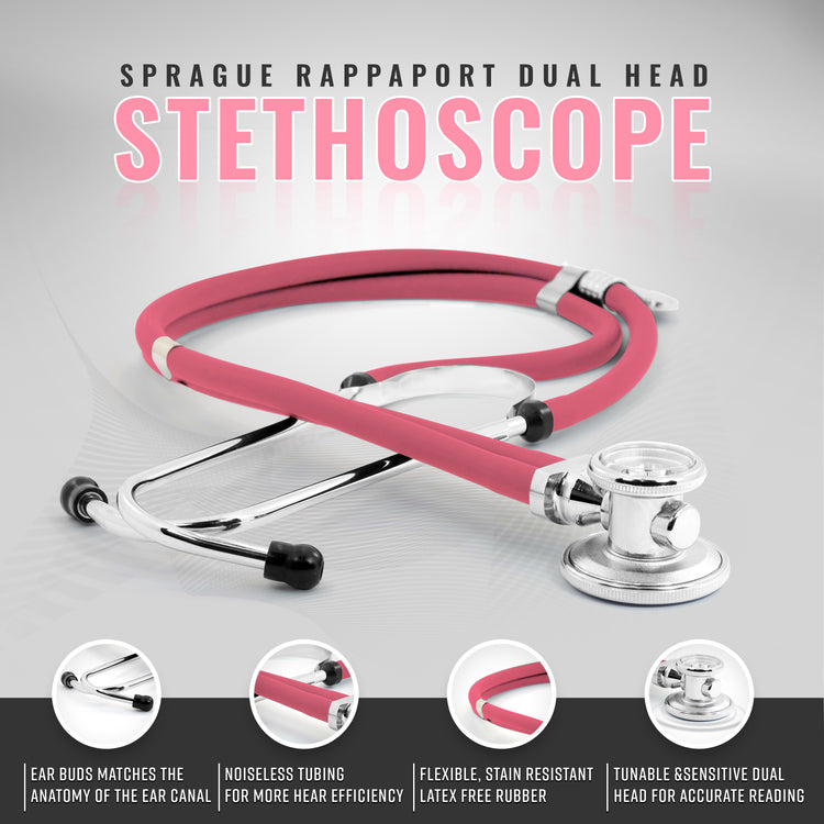 Pink Sprague Rappaport Dual Head Stethoscope displayed with icons for ear buds, noiseless tubing, latex-free rubber, and tunable head.