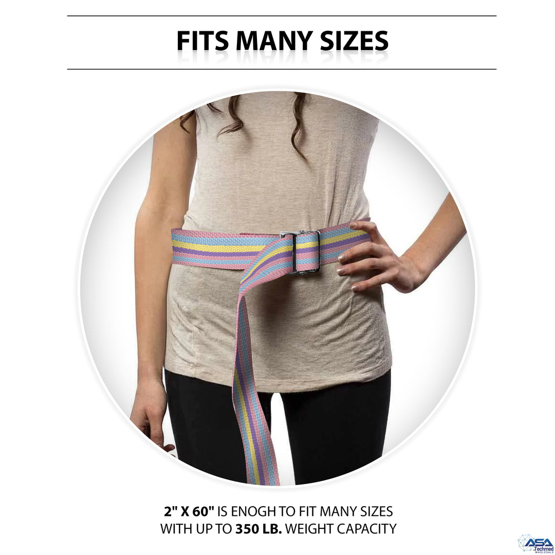 A photo demonstrating the fit of the belt on a woman's waist, titled "FITS MANY SIZES." The belt is cinched around her waist over a beige shirt. Text at the bottom states, "2" X 60" IS ENOGH TO FIT MANY SIZES WITH UP TO 350 LB. WEIGHT CAPACITY."