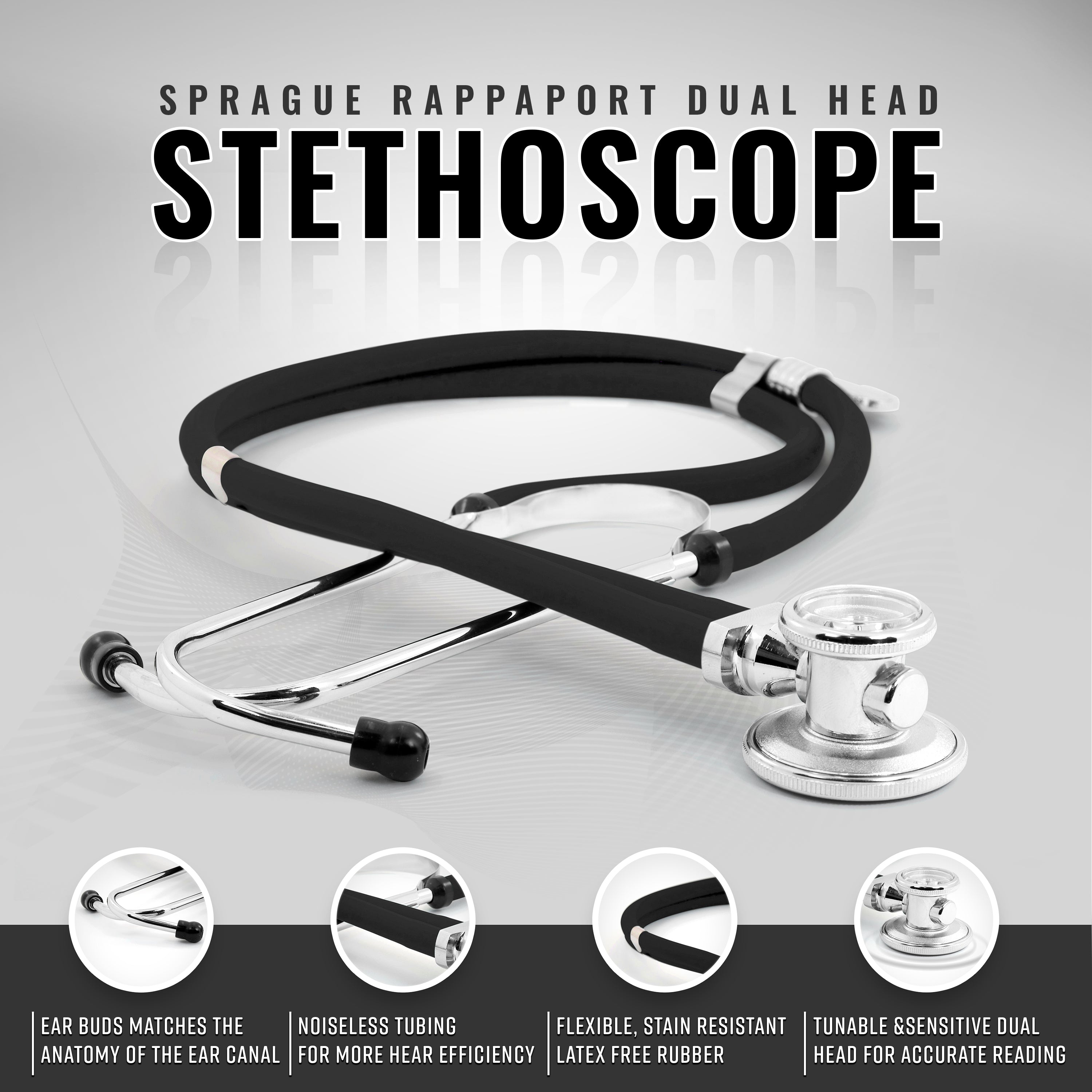 Black Sprague Rappaport Dual Head Stethoscope displayed with icons for ear buds, noiseless tubing, latex-free rubber, and tunable head.