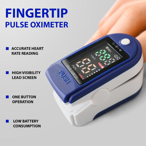 Fingertip pulse oximeter on a gray background with text highlighting features.