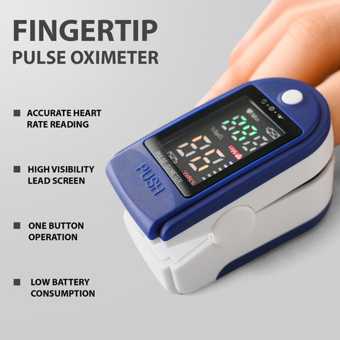 Fingertip pulse oximeter on a gray background with text highlighting features.