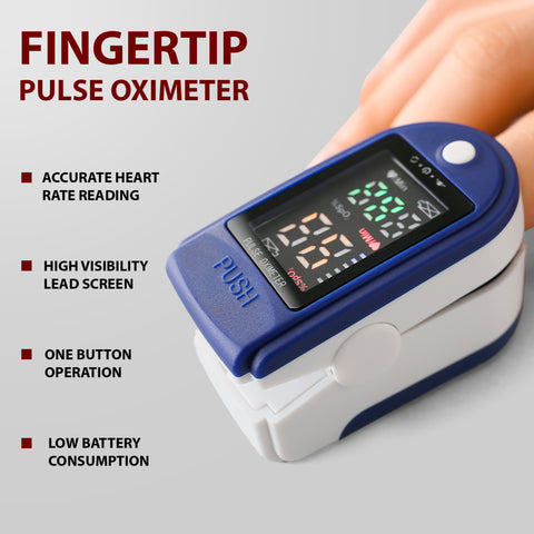 Fingertip pulse oximeter on a gray background with text highlighting features.