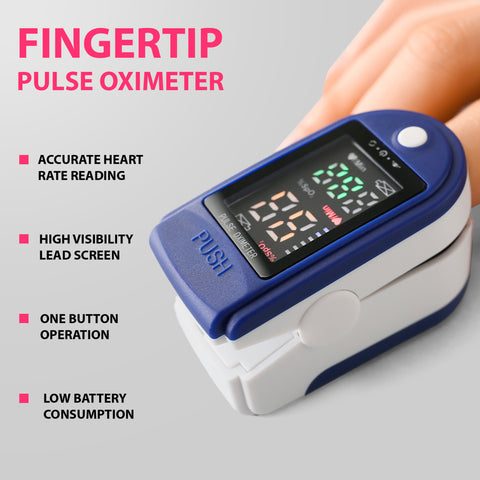 Fingertip pulse oximeter on a gray background with text highlighting features.