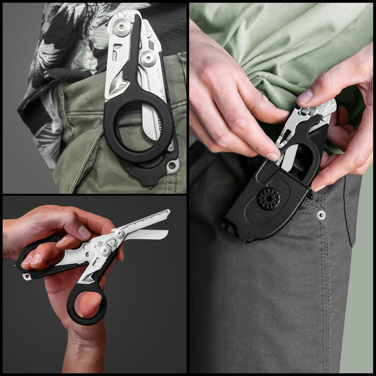 Images of folded shears clipped to pants and placed in a black molded carrying holster.