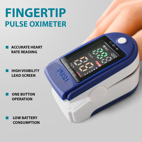 Fingertip pulse oximeter on a gray background with text highlighting features.