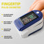 Fingertip pulse oximeter on a gray background with text highlighting features.