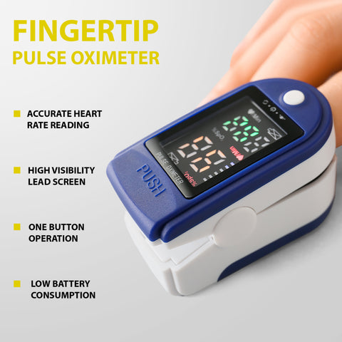 Fingertip pulse oximeter on a gray background with text highlighting features.