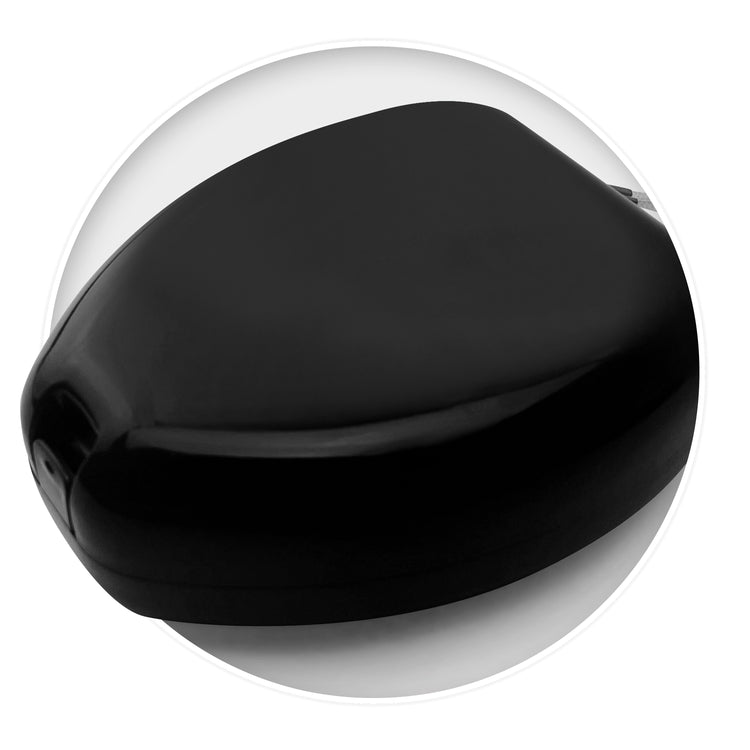 A closed, black, hard-plastic protective case for a CPR mask with a smooth, rounded shape.