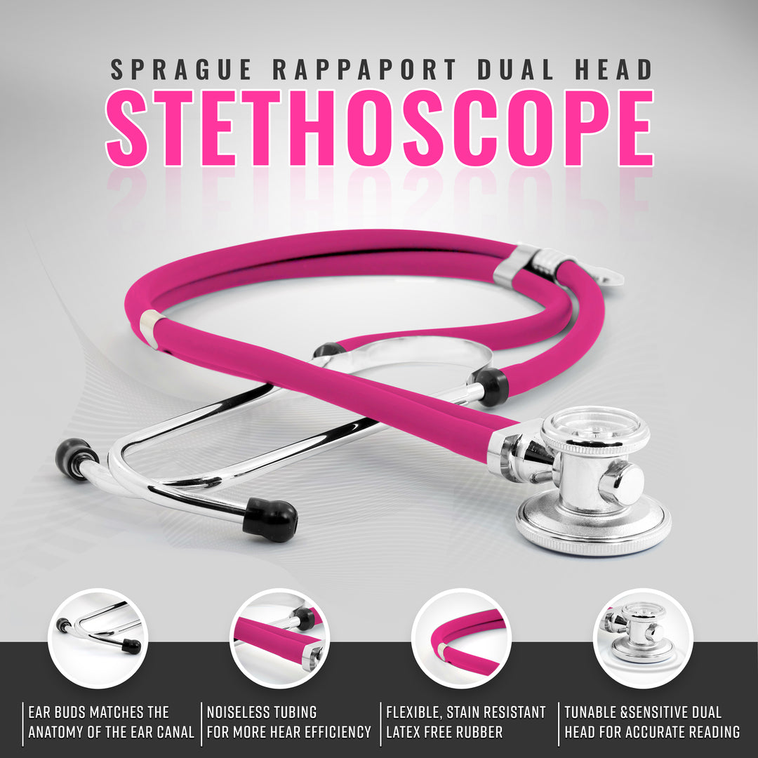 Magenta Sprague Rappaport Dual Head Stethoscope displayed with icons for ear buds, noiseless tubing, latex-free rubber, and tunable head.