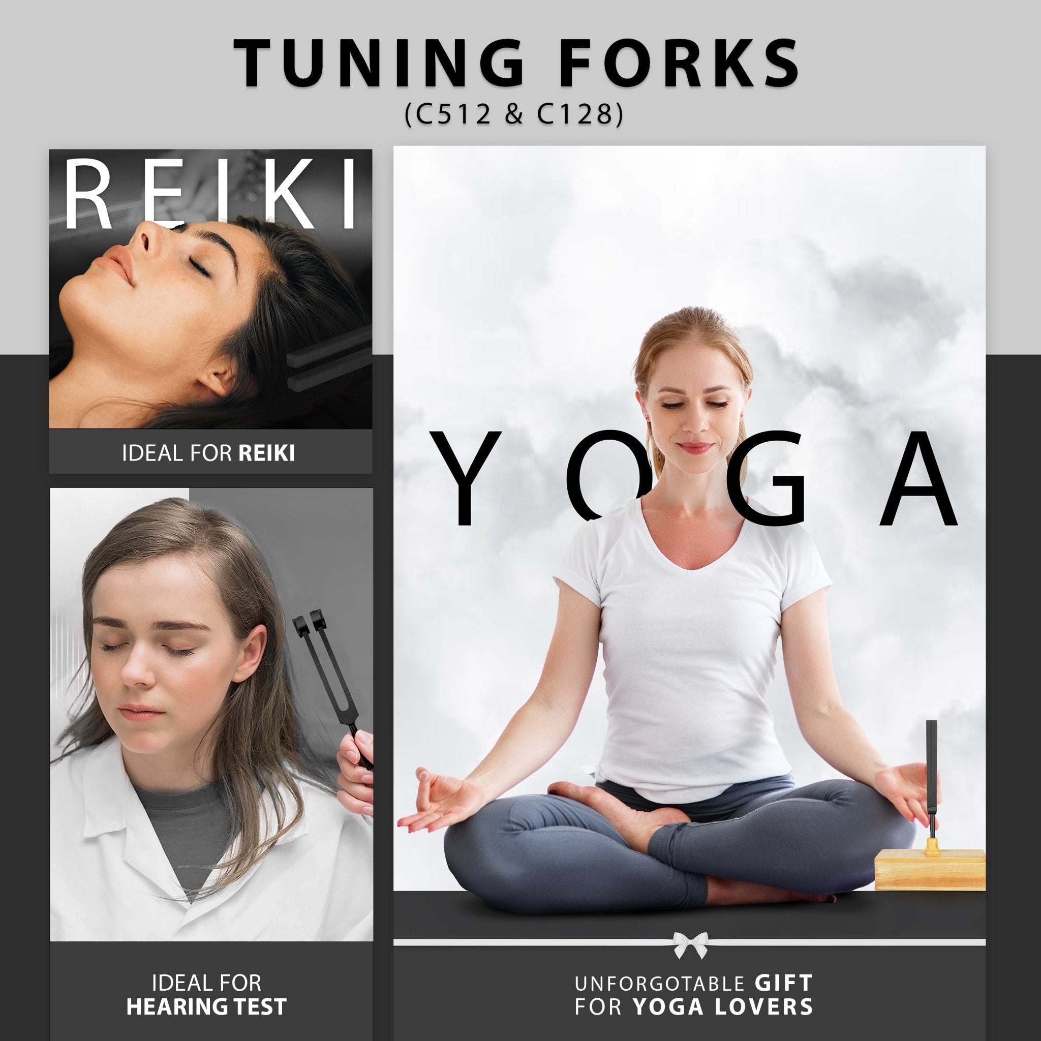 Collage image showcasing uses for Tuning Forks (C512 & C128). Panels show a woman receiving Reiki therapy, a professional conducting a hearing test, and a woman in a yoga pose.
