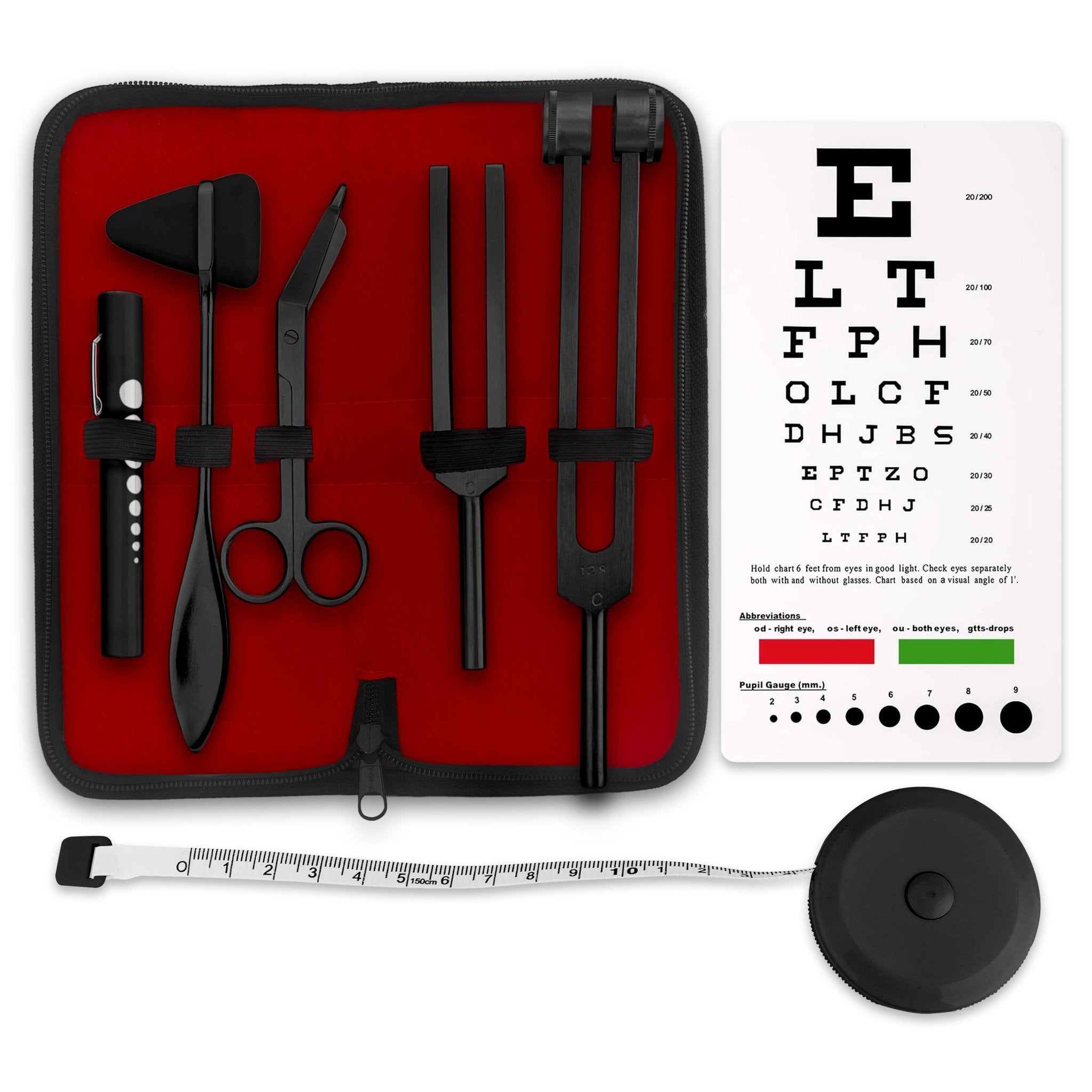 Promotional image for a Black Diagnostic Reflex Kit. The flat lay displays the kit's contents: Taylor reflex hammer, tuning forks, Snellen eye chart, pupil gauge penlight, measuring tape, and bandage scissors, all arranged next to a black zippered carrying case.