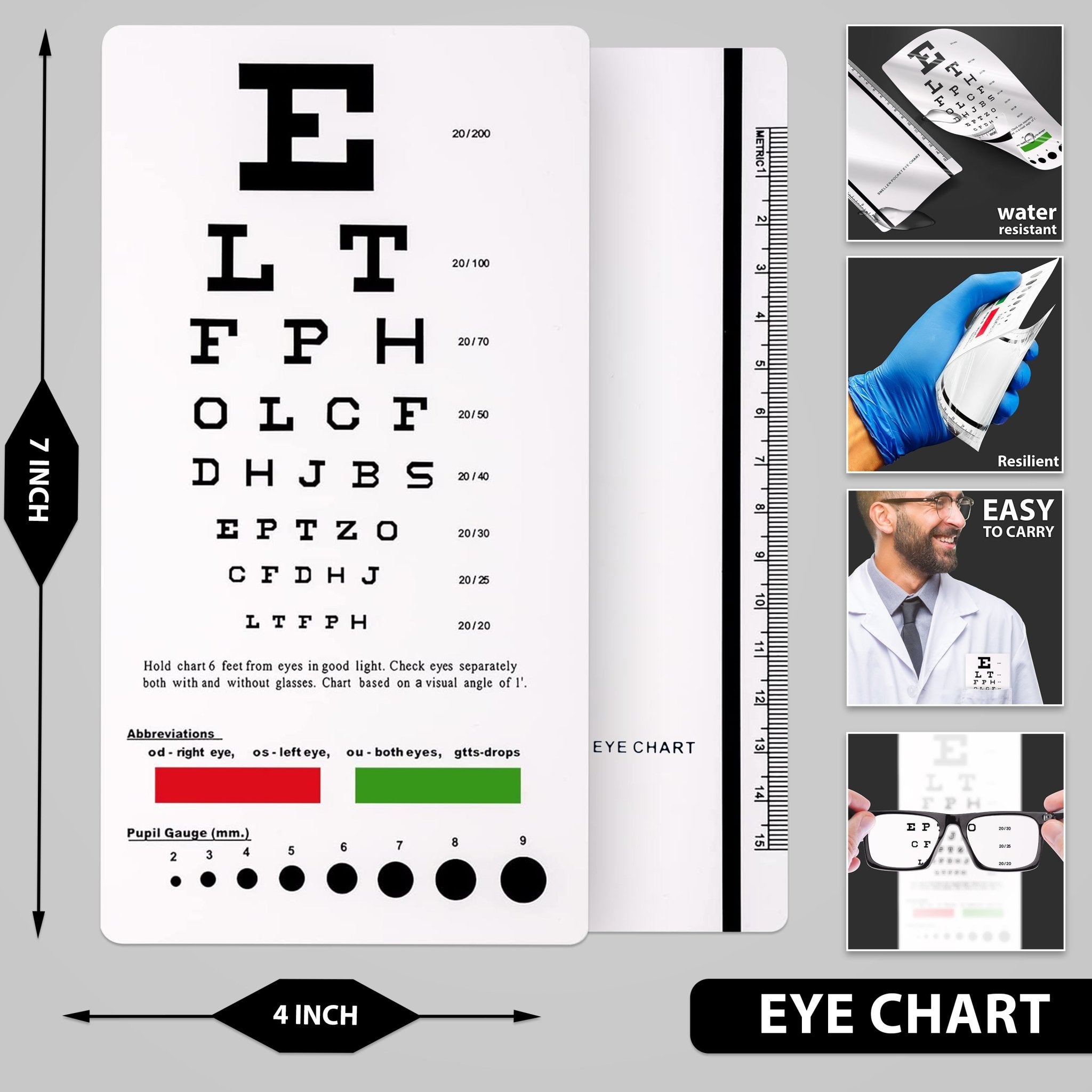 Product detail graphic for a Snellen Eye Chart. The chart displays standard letters and a pupil gauge, with insets showing its water-resistant and resilient features.