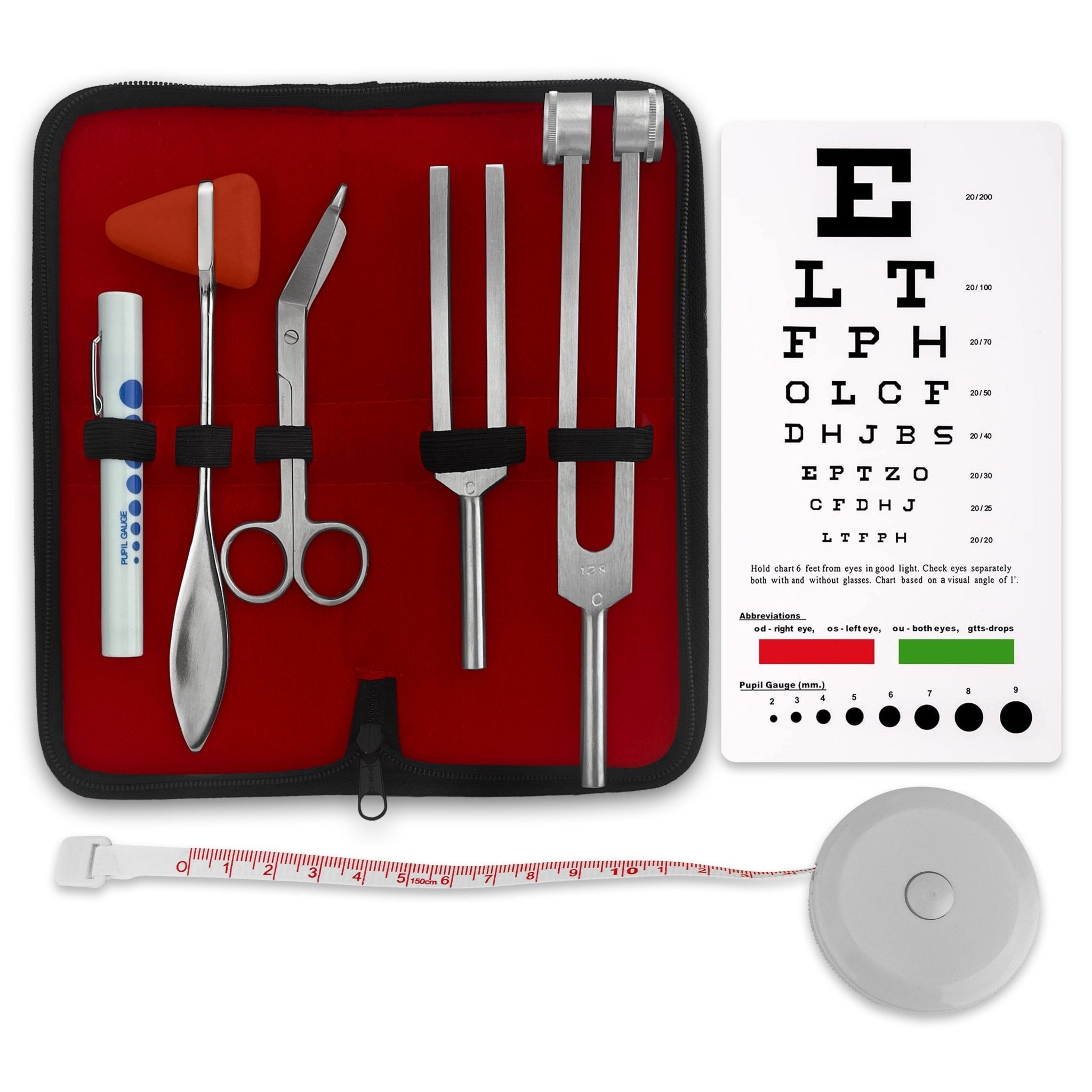 Promotional image for a Silver Diagnostic Reflex Kit. The flat lay displays the kit's contents: Taylor reflex hammer, tuning forks, Snellen eye chart, pupil gauge penlight, measuring tape, and bandage scissors, all arranged next to a black zippered carrying case.