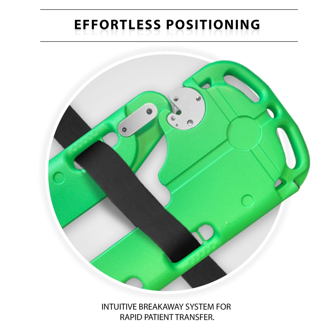 A detailed close-up of the metal locking mechanism where the two green halves of the scoop stretcher connect, illustrating the "INTUITIVE BREAKAWAY SYSTEM FOR RAPID PATIENT TRANSFER." The headline reads: "EFFORTLESS POSITIONING."