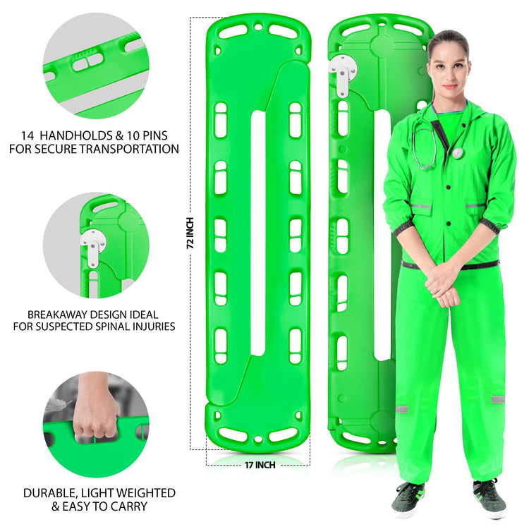A full product shot featuring the 72-inch long, 17-inch wide green scoop stretcher (both front and back views are shown) next to a female model dressed in a green medical/EMT uniform. Inset graphics highlight the product features: "14 HANDHOLDS & 10 PINS FOR SECURE TRANSPORTATION," "BREAKAWAY DESIGN IDEAL FOR SUSPECTED SPINAL INJURIES," and "DURABLE, LIGHT WEIGHTED & EASY TO CARRY."