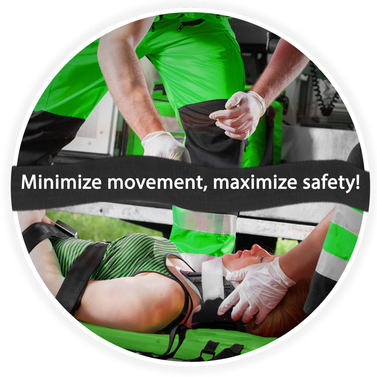 A close-up image showing a patient secured on a green scoop stretcher, being attended to by two people in neon green pants and white gloves. The patient is secured with a cervical collar and black straps. A black banner overlay reads: "Minimize movement, maximize safety!"