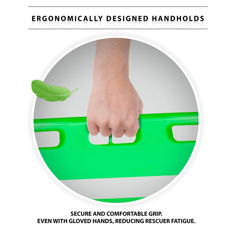 A close-up image showing a hand gripping one of the recessed handle openings on the side of the green stretcher. The headline reads: "ERGONOMICALLY DESIGNED HANDHOLDS," and the caption notes the grip is "SECURE AND COMFORTABLE... REDUCING RESCUER FATIGUE."