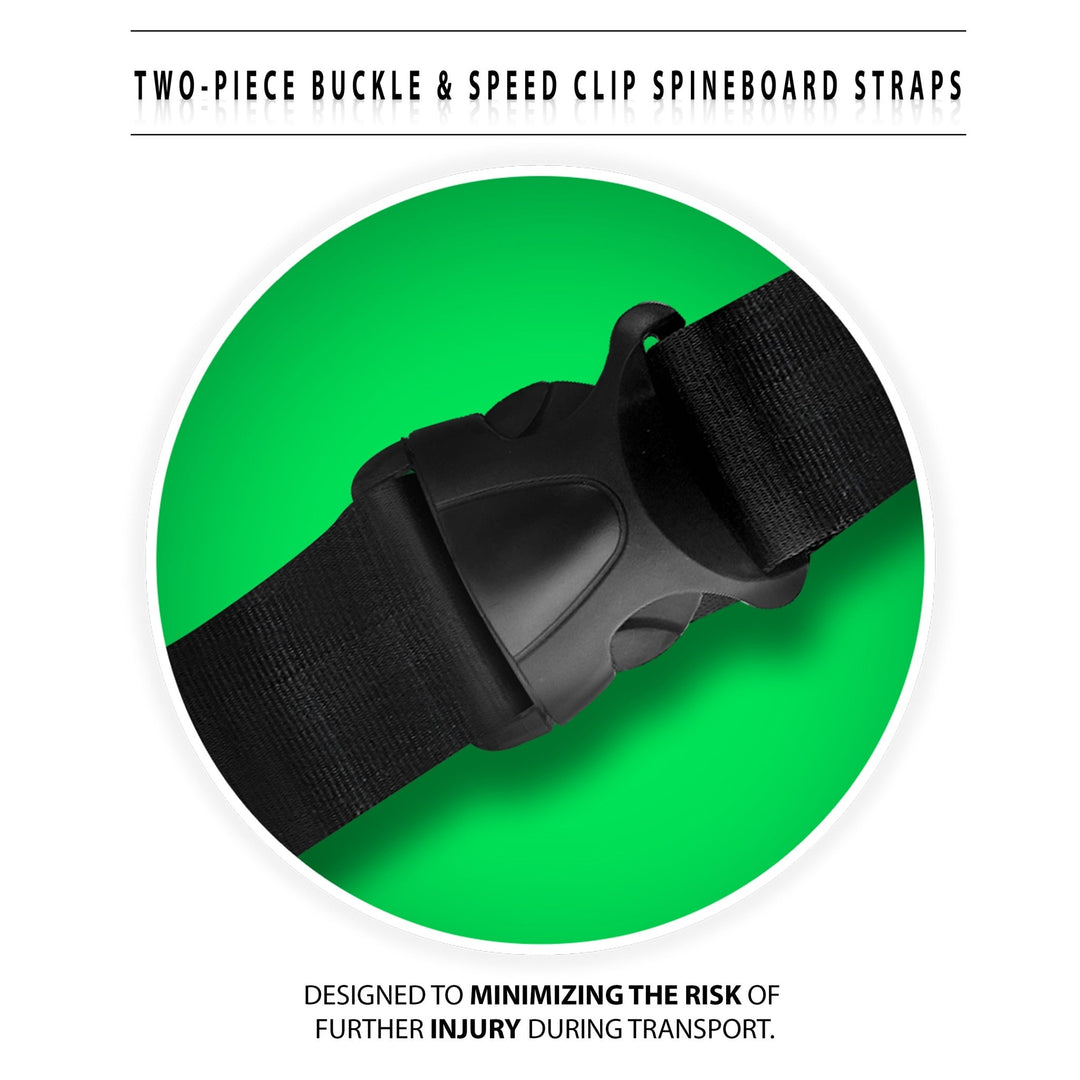 A close-up view of the two-piece black plastic buckle and speed clip used on the spineboard straps, with text stating the design is "DESIGNED TO MINIMIZING THE RISK OF FURTHER INJURY DURING TRANSPORT."