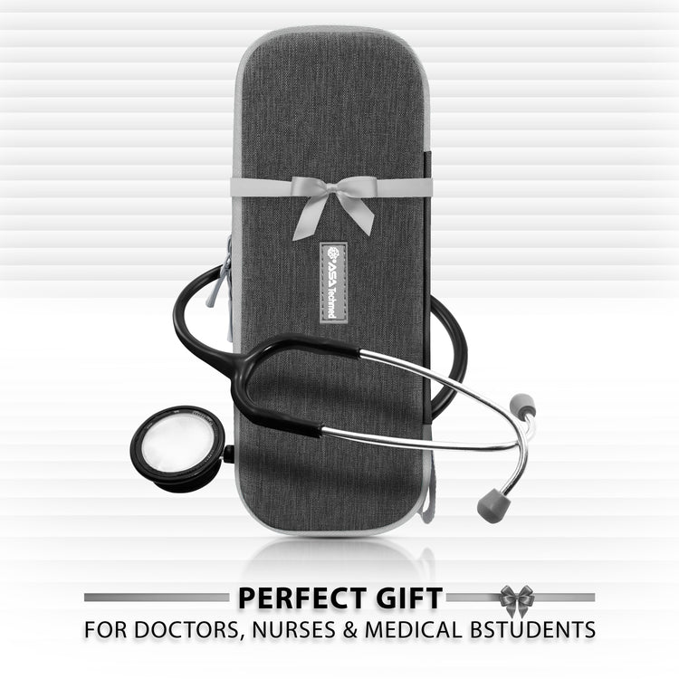 A promotional image of the closed gray and gray case decorated with a gray ribbon and bow. A stethoscope is draped around it, and text at the bottom reads: "PERFECT GIFT FOR DOCTORS, NURSES & MEDICAL BSTUDENTS" (sic).